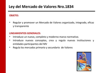 Ley del Mercado de Valores Nro.1834
OBJETO:

•   Regular y promover un Mercado de Valores organizado, integrado, eficaz
    y transparente

LINEAMIENTOS GENERALES:
• Introduce un nuevo, completo y moderno marco normativo.
• Introduce nuevos conceptos, crea y regula nuevas instituciones y
   entidades participantes del MV
• Regula los mercados primario y secundario de Valores
 