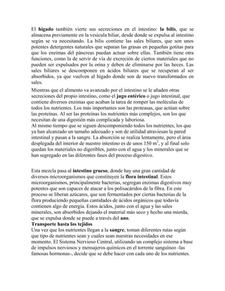 El hígado también vierte sus secreciones en el intestino: la bilis, que se
almacena previamente en la vesícula biliar, desde donde se expulsa al intestino
según se va necesitando. La bilis contiene las sales biliares, que son unos
potentes detergentes naturales que separan las grasas en pequeñas gotitas para
que los enzimas del páncreas puedan actuar sobre ellas. También tiene otra
funciones, como la de servir de vía de excreción de ciertos materiales que no
pueden ser expulsados por la orina y deben de eliminarse por las heces. Las
sales biliares se descomponen en ácidos biliares que se recuperan al ser
absorbidos, ya que vuelven al hígado donde son de nuevo transformados en
sales.
Mientras que el alimento va avanzado por el intestino se le añaden otras
secreciones del propio intestino, como el jugo entérico o jugo intestinal, que
contiene diversos enzimas que acaban la tarea de romper las moléculas de
todos los nutrientes. Los más importantes son las proteasas, que actúan sobre
las proteínas. Al ser las proteínas los nutrientes más complejos, son los que
necesitan de una digestión más complicada y laboriosa.
Al mismo tiempo que se siguen descomponiendo todos los nutrientes, los que
ya han alcanzado un tamaño adecuado y son de utilidad atraviesan la pared
intestinal y pasan a la sangre. La absorción se realiza lentamente, pero el área
desplegada del interior de nuestro intestino es de unos 150 m2, y al final solo
quedan los materiales no digeribles, junto con el agua y los minerales que se
han segregado en las diferentes fases del proceso digestivo.


Esta mezcla pasa al intestino grueso, donde hay una gran cantidad de
diversos microorganismos que constituyen la flora intestinal. Estos
microorganismos, principalmente bacterias, segregan enzimas digestivos muy
potentes que son capaces de atacar a los polisacáridos de la fibra. En este
proceso se liberan azúcares, que son fermentados por ciertas bacterias de la
flora produciendo pequeñas cantidades de ácidos orgánicos que todavía
contienen algo de energía. Estos ácidos, junto con el agua y las sales
minerales, son absorbidos dejando el material más seco y hecho una mierda,
que se expulsa donde se puede a través del ano.
Transporte hasta los tejidos
Una vez que los nutrientes llegan a la sangre, toman diferentes rutas según
que tipo de nutrientes sean y cuales sean nuestras necesidades en ese
momento. El Sistema Nervioso Central, utilizando un complejo sistema a base
de impulsos nerviosos y mensajeros químicos en el torrente sanguíneo -las
famosas hormonas-, decide que se debe hacer con cada uno de los nutrientes.
 