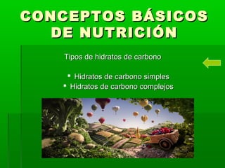 CONCEPTOS BÁSICOSCONCEPTOS BÁSICOS
DE NUTRICIÓNDE NUTRICIÓN
Tipos de hidratos de carbonoTipos de hidratos de carbono
 Hidratos de carbono simplesHidratos de carbono simples
 Hidratos de carbono complejosHidratos de carbono complejos
 