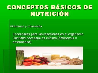 CONCEPTOS BÁSICOS DECONCEPTOS BÁSICOS DE
NUTRICIÓNNUTRICIÓN
Vitaminas y mineralesVitaminas y minerales
Escenciales para las reacciones en el organismoEscenciales para las reacciones en el organismo
Cantidad necesaria es mínima (deficiencia =Cantidad necesaria es mínima (deficiencia =
enfermedad)enfermedad)
 