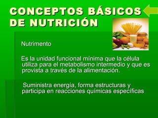 CONCEPTOS BÁSICOSCONCEPTOS BÁSICOS
DE NUTRICIÓNDE NUTRICIÓN
NutrimentoNutrimento
Es la unidad funcional mínima que la célulaEs la unidad funcional mínima que la célula
utiliza para el metabolismo intermedio y que esutiliza para el metabolismo intermedio y que es
provista a través de la alimentación.provista a través de la alimentación.
Suministra energía, forma estructuras ySuministra energía, forma estructuras y
participa en reacciones químicas específicasparticipa en reacciones químicas específicas
 