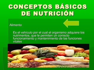 CONCEPTOS BÁSICOSCONCEPTOS BÁSICOS
DE NUTRICIÓNDE NUTRICIÓN
AlimentoAlimento
Es el vehículo por el cual el organismo adquiere losEs el vehículo por el cual el organismo adquiere los
nutrimentos, que le permiten un correctonutrimentos, que le permiten un correcto
funcionamiento y mantenimiento de las funcionesfuncionamiento y mantenimiento de las funciones
vitalesvitales
 