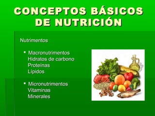 CONCEPTOS BÁSICOSCONCEPTOS BÁSICOS
DE NUTRICIÓNDE NUTRICIÓN
NutrimentosNutrimentos
 MacronutrimentosMacronutrimentos
Hidratos de carbonoHidratos de carbono
ProteínasProteínas
LípidosLípidos
 MicronutrimentosMicronutrimentos
VitaminasVitaminas
MineralesMinerales
 