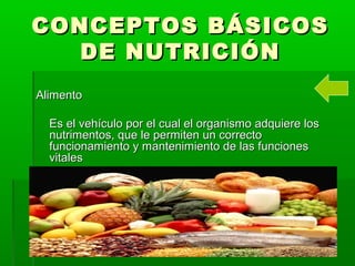 CONCEPTOS BÁSICOSCONCEPTOS BÁSICOS
DE NUTRICIÓNDE NUTRICIÓN
AlimentoAlimento
Es el vehículo por el cual el organismo adquiere losEs el vehículo por el cual el organismo adquiere los
nutrimentos, que le permiten un correctonutrimentos, que le permiten un correcto
funcionamiento y mantenimiento de las funcionesfuncionamiento y mantenimiento de las funciones
vitalesvitales
 