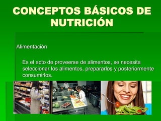 CONCEPTOS BÁSICOS DE
NUTRICIÓN
Alimentación
Es el acto de proveerse de alimentos, se necesita
seleccionar los alimentos, prepararlos y posteriormente
consumirlos.
 