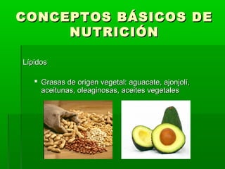 CONCEPTOS BÁSICOS DECONCEPTOS BÁSICOS DE
NUTRICIÓNNUTRICIÓN
LípidosLípidos
 Grasas de origen vegetal: aguacate, ajonjolí,Grasas de origen vegetal: aguacate, ajonjolí,
aceitunas, oleaginosas, aceites vegetalesaceitunas, oleaginosas, aceites vegetales
 