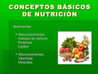 CONCEPTOS BÁSICOSCONCEPTOS BÁSICOS
DE NUTRICIÓNDE NUTRICIÓN
NutrimentosNutrimentos
 MacronutrimentosMacronutrimentos
Hidratos de carbonoHidratos de carbono
ProteínasProteínas
LípidosLípidos
 MicronutrimentosMicronutrimentos
VitaminasVitaminas
MineralesMinerales
 