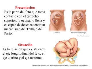 Presentación
Es la parte del feto que toma
contacto con el estrecho
superior, lo ocupa, lo llena y
es capaz de desencadenar un
mecanismo de Trabajo de
Parto.
Situación
Es la relación que existe entre
el eje longitudinal del feto, el
eje uterino y el eje materno.
Obstetricia de Schwarcz 2007 - Normas y protocolos del MINSA. - Ginecología de Gonzales Merlo

 