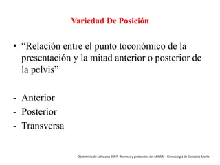 Variedad De Posición

• “Relación entre el punto toconómico de la
presentación y la mitad anterior o posterior de
la pelvis”

- Anterior
- Posterior
- Transversa
Obstetricia de Schwarcz 2007 - Normas y protocolos del MINSA. - Ginecología de Gonzales Merlo

 