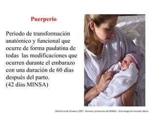 Puerperio
Periodo de transformación
anatómico y funcional que
ocurre de forma paulatina de
todas las modificaciones que
ocurren durante el embarazo
con una duración de 60 días
después del parto.
(42 días MINSA)

Obstetricia de Schwarcz 2007 - Normas y protocolos del MINSA. - Ginecología de Gonzales Merlo

 