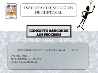 CONCEPTO BÁSICOS DE
LOS PROCESOS
INGENIERÍA EN GESTIÓN EMPRESARIAL 8° “A”
INTEGRANTES:
•ALPUCHE PALOMO MARVY
•LOPEZ SALAZAR ARELY
INSTITUTO TECNOLÓGICO
DE CHETUMAL
 