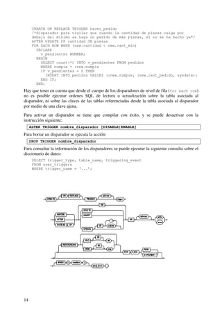 14
CREATE OR REPLACE TRIGGER hacer_pedido
/*Disparador para vigilar que cuando la cantidad de piezas caiga por
debajo del mínimo se haga un pedido de más piezas, si no se ha hecho ya*/
AFTER UPDATE OF cantidad ON piezas
FOR EACH ROW WHEN (new.cantidad < new.cant_min)
DECLARE
v_pendientes NUMBER;
BEGIN
SELECT count(*) INTO v_pendientes FROM pedidos
WHERE numpie = :new.numpie
IF v_pendientes = 0 THEN
INSERT INTO pedidos VALUES (:new.numpie, :new.cant_pedido, sysdate);
END IF;
END;
Hay que tener en cuenta que desde el cuerpo de los disparadores de nivel de fila (for each row)
no es posible ejecutar ordenes SQL de lectura o actualización sobre la tabla asociada al
disparador, ni sobre las claves de las tablas referenciadas desde la tabla asociada al disparador
por medio de una clave ajena.
Para activar un disparador se tiene que compilar con éxito, y se puede desactivar con la
instrucción siguiente:
ALTER TRIGGER nombre_disparador [DISABLE|ENABLE]
Para borrar un disparador se ejecuta la acción:
DROP TRIGGER nombre_disparador
Para consultar la información de los disparadores se puede ejecutar la siguiente consulta sobre el
diccionario de datos:
SELECT trigger_type, table_name, triggering_event
FROM user_triggers
WHERE trigger_name = ‘...’;
 