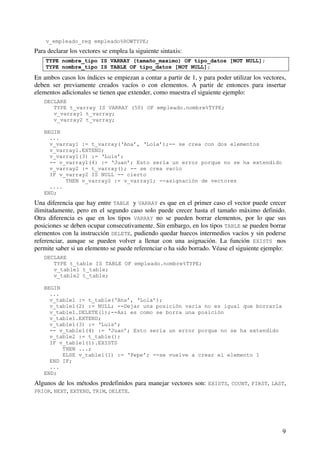 9
v_empleado_reg empleado%ROWTYPE;
Para declarar los vectores se emplea la siguiente sintaxis:
TYPE nombre_tipo IS VARRAY (tamaño_maximo) OF tipo_datos [NOT NULL];
TYPE nombre_tipo IS TABLE OF tipo_datos [NOT NULL];
En ambos casos los índices se empiezan a contar a partir de 1, y para poder utilizar los vectores,
deben ser previamente creados vacíos o con elementos. A partir de entonces para insertar
elementos adicionales se tienen que extender, como muestra el siguiente ejemplo:
DECLARE
TYPE t_varray IS VARRAY (50) OF empleado.nombre%TYPE;
v_varray1 t_varray;
v_varray2 t_varray;
BEGIN
...
v_varray1 := t_varray(‘Ana’, ‘Lola’);-- se crea con dos elementos
v_varray1.EXTEND;
v_varray1(3) := ‘Luis’;
-- v_varray1(4) := ‘Juan’; Esto sería un error porque no se ha extendido
v_varray2 := t_varray(); -- se crea vacío
IF v_varray2 IS NULL -- cierto
THEN v_varray2 := v_varray1; --asignación de vectores
....
END;
Una diferencia que hay entre TABLE y VARRAY es que en el primer caso el vector puede crecer
ilimitadamente, pero en el segundo caso solo puede crecer hasta el tamaño máximo definido.
Otra diferencia es que en los tipos VARRAY no se pueden borrar elementos, por lo que sus
posiciones se deben ocupar consecutivamente. Sin embargo, en los tipos TABLE se pueden borrar
elementos con la instrucción DELETE, pudiendo quedar huecos intermedios vacíos y sin poderse
referenciar, aunque se pueden volver a llenar con una asignación. La función EXISTS nos
permite saber si un elemento se puede referenciar o ha sido borrado. Véase el siguiente ejemplo:
DECLARE
TYPE t_table IS TABLE OF empleado.nombre%TYPE;
v_table1 t_table;
v_table2 t_table;
BEGIN
...
v_table1 := t_table(‘Ana’, ‘Lola’);
v_table1(2) := NULL; --Dejar una posición vacía no es igual que borrarla
v_table1.DELETE(1);--Así es como se borra una posición
v_table1.EXTEND;
v_table1(3) := ‘Luis’;
-- v_table1(4) := ‘Juan’; Esto sería un error porque no se ha extendido
v_table2 := t_table();
IF v_table1(1).EXISTS
THEN ...;
ELSE v_table1(1) := ‘Pepe’; --se vuelve a crear el elemento 1
END IF;
...
END;
Algunos de los métodos predefinidos para manejar vectores son: EXISTS, COUNT, FIRST, LAST,
PRIOR, NEXT, EXTEND, TRIM, DELETE.
 