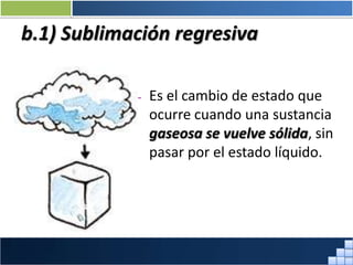 b.1) Sublimación regresiva
– Es el cambio de estado que
ocurre cuando una sustancia
gaseosa se vuelve sólida, sin
pasar por el estado líquido.
Prof. Jorge Díaz Galleguillos
 