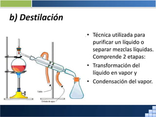 b) Destilación
• Técnica utilizada para
purificar un líquido o
separar mezclas líquidas.
Comprende 2 etapas:
• Transformación del
líquido en vapor y
• Condensación del vapor.
Prof. Jorge Díaz Galleguillos
 