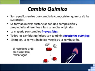 Cambio Químico
• Son aquellos en los que cambia la composición química de las
sustancias.
• Se forman nuevas sustancias con una composición y
propiedades diferentes a las sustancias originales.
• La mayoría son cambios irreversibles.
• Todos los cambios químicos son también reacciones químicas.
• Ejemplos, la corrosión de los metales y la combustión.
El hidrógeno arde
en el aire para
formar agua
Prof. Jorge Díaz Galleguillos
 