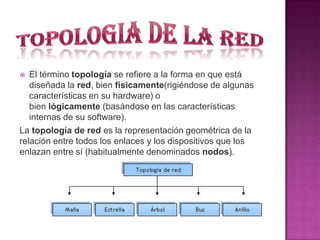 El término topología se refiere a la forma en que está
diseñada la red, bien físicamente(rigiéndose de algunas
características en su hardware) o
bien lógicamente (basándose en las características
internas de su software).
La topología de red es la representación geométrica de la
relación entre todos los enlaces y los dispositivos que los
enlazan entre sí (habitualmente denominados nodos).


 