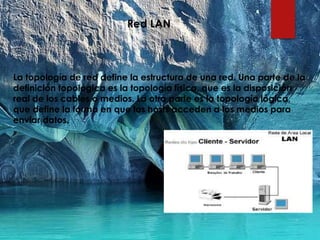 Red LAN
La topología de red define la estructura de una red. Una parte de la
definición topológica es la topología física, que es la disposición
real de los cables o medios. La otra parte es la topología lógica,
que define la forma en que los hosts acceden a los medios para
enviar datos.
 