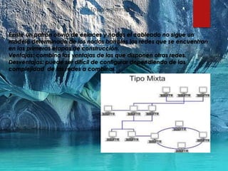 Topología mixta
Existe un patrón obvio de enlaces y nodos el cableado no sigue un
modelo determinado de los nodos barrales las redes que se encuentran
en las primeras etapas de construcción.
Ventajas: combina las ventajas de las que disponen otras redes.
Desventajas: puede ser difícil de configurar dependiendo de las
complejidad de las redes a combinar
 