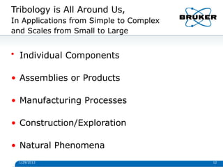 Tribology is All Around Us,
In Applications from Simple to Complex
and Scales from Small to Large
1/29/2013 12
• Individual Components
• Assemblies or Products
• Manufacturing Processes
• Construction/Exploration
• Natural Phenomena
 