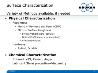 Surface Characterization
1/29/2013 30
Variety of Methods available, if needed
• Physical Characterization
• Roughness
• Macro – Waviness and Form (CMM)
• Micro – Surface Roughness
– Stylus Profilometers (contact)
– Optical Profilometers (non-contact)
– AFM (sub-micron)
• Hardness
• Indent, Scratch
• Chemical Characterization
• Infrared, XPS, Raman, Auger
• Lubricant Shear properties→Viscometry
 