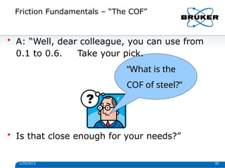 Friction Fundamentals – “The COF”
• Is that close enough for your needs?”
• A: “Well, dear colleague, you can use from
0.1 to 0.6. Take your pick.
“What is the
COF of steel?”
1/29/2013 40
 