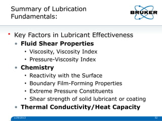 Summary of Lubrication
Fundamentals:
1/29/2013 52
• Key Factors in Lubricant Effectiveness
• Fluid Shear Properties
• Viscosity, Viscosity Index
• Pressure-Viscosity Index
• Chemistry
• Reactivity with the Surface
• Boundary Film-Forming Properties
• Extreme Pressure Constituents
• Shear strength of solid lubricant or coating
• Thermal Conductivity/Heat Capacity
 