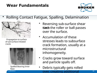 Wear Fundamentals
Spalled Bearing Inner
Race
• Rolling Contact Fatigue, Spalling, Delamination
• Reversing sub-surface shear
each
1/29/2013 60
Propagation to surface
of sub-surface-initiated
cracks
time the roller or ball passes
over the surface.
• Accumulation of these
stresses leads to subsurface
crack formation, usually at a
microstructural
inhomogeneity.
• Cracks grow toward surface
and particle spalls off.
• Debris typically gets rolled
over, creating additional
 