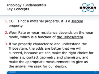 Tribology Fundamentals
Key Concepts
1/29/2013 65
1.COF is not a material property, it is a system
property.
2.Wear Rate or wear resistance depends on the wear
mode, which is a function of the Tribosystem.
3.If we properly characterize and understand the
Tribosytem, the odds are better that we will
succeed, because we can make the right choice for
materials, contact geometry and chemistry, and
make the appropriate measurements to give us
the answer we seek for our design.
 