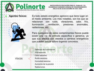 • Área Académica de Ingeniería
a. Agentes físicos: Es todo estado energético agresivo que tiene lugar en
el medio ambiente. Los más notables, son los que se
calor, frío,
anormales,
relacionan con ruido, vibraciones,
iluminación, ventilación, presiones
radiaciones, etc.
Para cualquiera de estos contaminantes físicos puede
existir una vía de entrada específica o genérica, ya
que sus efectos son debidos a cambios energéticos
que pueden actuar sobre órganos concretos.
FÍSICOS
Defectos de iluminación
Frío excesivo
Calor excesivo
Ruido excesivo
Humedad excesiva
Aumento de la presión
Radiaciones
 