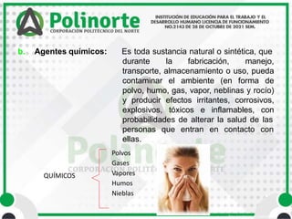 • Área Académica de Ingeniería
b. Agentes químicos: Es toda sustancia natural o sintética, que
durante la fabricación, manejo,
transporte, almacenamiento o uso, pueda
contaminar el ambiente (en forma de
polvo, humo, gas, vapor, neblinas y rocío)
y producir efectos irritantes, corrosivos,
explosivos, tóxicos e inflamables, con
probabilidades de alterar la salud de las
que entran en contacto con
QUÍMICOS
personas
ellas.
Polvos
Gases
Vapores
Humos
Nieblas
 
