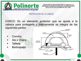 PROTECCIÓN DE LA CABEZA
CASCO: Es un elemento protector que se ajusta a la
cabeza para protegerla y básicamente se integra de las
siguientes partes:
 Concha.
 Ala o Visera
 Tafilete
 Barboquejo
Equipos de protección personal y de grupo
 