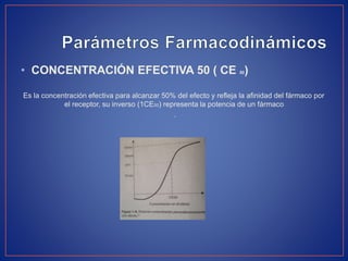 • CONCENTRACIÓN EFECTIVA 50 ( CE 50)
Es la concentración efectiva para alcanzar 50% del efecto y refleja la afinidad del fármaco por
el receptor, su inverso (1CE50) representa la potencia de un fármaco
.
 