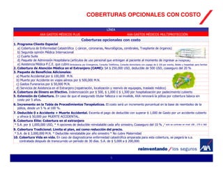 COBERTURAS OPCIONALES CON COSTO

                                                                                    LÍNEA
                       AXA GASTOS MÉDICOS PLUS                                                        AXA GASTOS MÉDICOS MULTIPROTECCIÓN
                                                             Coberturas opcionales con costo
1. Programa Cliente Especial
   a) Cobertura de Enfermedad Catastrófica ( cáncer, coronarias, Neurológicas, cerebrales, Trasplante de órganos)
   b) Segunda opinión Médica Internacional
   c) Cuarto Suite
   d) Paquete de Adminisión Hospitalaria (artículos de uso personal que entregan al paciente al momento de ingresar al hospital)
   e) Asistencia Médica P.C.E. que cubre:Ambulancia por Emergencia, Consulta Telefónica, Consulta domiciliaria con copago de $ 150 por evento, Boleto y hospedaje para familiar
2. Cobertura de Atención Médica en el Extranjero (CAME): SA $ 250,000 USD, deducible de 500 USD, coaseguro del 20 %
3. Paquete de Beneficios Adicionales:
  a) Muerte Accidental por $ 100,000 M.N.
  b) Muerte por Accidente en viajes aéreos por $ 500,000 M.N.
  c) Gastos Funerarios por $ 50,000 M.N.
  d) Servicios de Asistencia en el Extranjero (repatriación, localización y reenvío de equipajes, traslado médico)
4. Cobertura de Dinero en Efectivo. Indemnización por $ 500, $ 1,000 ó $ 1,500 por hospitalización por padecimeinto cubierto
5. Extensión de Cobertura. En caso de que el asegurado titular fallezca o se invalide, AXA renovará la póliza por cobertura básica sin
   costo por 5 años.
6. Incremento en la Tabla de Procedimientos Terapéuticos. El costo será un incremento porcentual en la base de reembolso de la
   póliza, desde un 5 % al 100 %.
7. Deducible 0 x Accidente + Muerte Accidental. Excenta el pago de deducible con superar $ 1,000 de Gasto por un accidente cubierto
   y ofrece $ 50,000 por MUERTE ACCIDENTAL.
8. Cobertura Elite: Cobertura en el extranjero
* S.A. por $ 1,000,000 USD, * 4 opciones de deducible reinstalable cada año siniestro, Coaseguro del 10 % ,* solo se contrata en nivel 180 , 270 ó 360
9. Cobertura Tradicional. Limita el plan, así como reducción del precio.
* S.A. de $ 3,000,000 M.N. * Deducible reinstalable por año siniestro * No cubre Maternidad
10. Cobertura Vida en vida. En caso de diagnosticarse enfermedad catastrófica amparada para esta cobertura, se pagará la s.a.
    contratada después de transcurrido un período de 30 días. S.A. de $ 5,000 a $ 200,000.




                                                                                       5
 