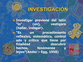 INVESTIGACIÓN Investigar proviene del latin "in" (en), vestigare (hallar, indagar). "Es un procedimiento reflexivo, sistemático, controlado y crítico que tiene por finalidad descubrir hechos, fenómenos y leyes”(Ander – Egg, 1958)
