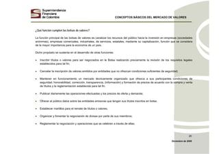 CONCEPTOS BÁSICOS DEL MERCADO DE VALORES
Diciembre de 2008
20
¿Qué función cumplen las bolsas de valores?
La función principal de las bolsas de valores es canalizar los recursos del público hacia la inversión en empresas (sociedades
anónimas), empresas comerciales, industriales, de servicios, estatales, mediante su capitalización, función que se considera
de la mayor importancia para la economía de un país.
Dicho propósito se sustenta en el desarrollo de otras funciones:
• Inscribir títulos o valores para ser negociados en le Bolsa realizando previamente la revisión de los requisitos legales
establecidos para tal fin;
• Cancelar la inscripción de valores emitidos por entidades que no ofrezcan condiciones suficientes de seguridad;
• Mantener en funcionamiento un mercado técnicamente organizado que ofrezca a sus participantes condiciones de
seguridad, honorabilidad, corrección, transparencia, (información) y formación de precios de acuerdo con la compra y venta
de títulos y la reglamentación establecida para tal fin;
• Publicar diariamente las operaciones efectuadas y los precios de oferta y demanda;
• Ofrecer al público datos sobre las entidades emisoras que tengan sus títulos inscritos en bolsa,
• Establecer martillos para el remate de títulos o valores;
• Organizar y fomentar la negociación de divisas por parte de sus miembros;
• Reglamentar la negociación y operaciones que se celebren a través de ellas;
 