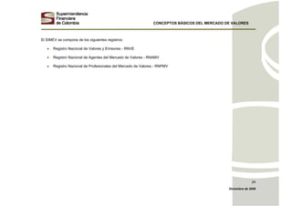 CONCEPTOS BÁSICOS DEL MERCADO DE VALORES
Diciembre de 2008
24
El SIMEV se compone de los siguientes registros:
• Registro Nacional de Valores y Emisores - RNVE
• Registro Nacional de Agentes del Mercado de Valores - RNAMV
• Registro Nacional de Profesionales del Mercado de Valores - RNPMV
 