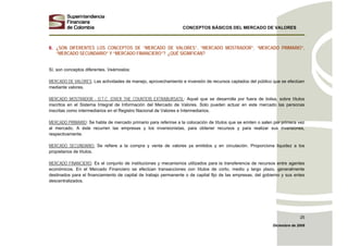 CONCEPTOS BÁSICOS DEL MERCADO DE VALORES
Diciembre de 2008
25
6. ¿SON DIFERENTES LOS CONCEPTOS DE “MERCADO DE VALORES”, “MERCADO MOSTRADOR”, “MERCADO PRIMARIO”,
“MERCADO SECUNDARIO” Y “MERCADO FINANCIERO”? ¿QUÉ SIGNIFICAN?
Sí, son conceptos diferentes. Veámoslos:
MERCADO DE VALORES: Las actividades de manejo, aprovechamiento e inversión de recursos captados del público que se efectúen
mediante valores.
MERCADO MOSTRADOR - O.T.C. (OVER THE COUNTER) EXTRABURSATIL: Aquel que se desarrolla por fuera de bolsa, sobre títulos
inscritos en el Sistema Integral de Información del Mercado de Valores. Solo pueden actuar en este mercado las personas
inscritas como intermediarios en el Registro Nacional de Valores e Intermediarios.
MERCADO PRIMARIO: Se habla de mercado primario para referirse a la colocación de títulos que se emiten o salen por primera vez
al mercado. A éste recurren las empresas y los inversionistas, para obtener recursos y para realizar sus inversiones,
respectivamente.
MERCADO SECUNDARIO: Se refiere a la compra y venta de valores ya emitidos y en circulación. Proporciona liquidez a los
propietarios de títulos.
MERCADO FINANCIERO: Es el conjunto de instituciones y mecanismos utilizados para la transferencia de recursos entre agentes
económicos. En el Mercado Financiero se efectúan transacciones con títulos de corto, medio y largo plazo, generalmente
destinados para el financiamiento de capital de trabajo permanente o de capital fijo de las empresas, del gobierno y sus entes
descentralizados.
 