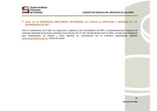 CONCEPTOS BÁSICOS DEL MERCADO DE VALORES
Diciembre de 2008
28
9. ¿CUAL ES LA DEPENDENCIA DIRECTAMENTE RESPONSABLE DE EJERCER LA INSPECCIÓN Y VIGILANCIA DE LOS
INTERMEDIARIOS DEL MV?
Para el cumplimiento de la labor de inspección y vigilancia a los intermediarios del MPV, la Superintendencia Financiera de
Colombia desarrolla las funciones previstas en los artículos 56, 57, 58 y 59 del Decreto 4327 de 2005, a través de la Delegatura
para Intermediarios de Valores y Otros Agentes, en concordancia con la normativa especializada aplicable
(www.superfinanciera.gov.co, enlace Normativa.
 