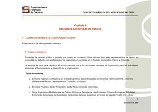 CONCEPTOS BÁSICOS DEL MERCADO DE VALORES
Diciembre de 2008
5
Capítulo II
Estructura del Mercado de Valores
4. ¿QUIÉNES INTERVIENEN EN EL MERCADO DE VALORES?
En el mercado de valores pueden intervenir:
4.1. Emisores de Valores
Entidades de carácter público o privado que ponen en circulación títulos valores, bien sean representativos de deuda, de
propiedad, de tradición o de participación, los cuales deben inscribirse en el Registro Nacional de Valores y Emisores.
La emisión se hace para canalizar el ahorro nacional con el fin de obtener recursos de financiación para las actividades
inherentes al funcionamiento y desarrollo de la organización.
Tipos de emisores:
a. Emisores Públicos: La Nación y las entidades públicas descentralizadas por servicios y territorialmente, Tesorería
General de la Nación, Departamentos, Ciudades, Municipios.
b. Emisores Privados: Sector Financiero, Sector Real, Comercial y Servicios.
c. Otros: Organismos Multilaterales de Crédito, Gobiernos Extranjeros y las Entidades Públicas Extranjeras, Entidades
Extranjeras, Sucursales de Sociedades Extranjeras, Carteras Colectivas y Fondos de Capital Privado, entre otras.
 