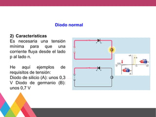 Diodo normal
2) Características
Es necesaria una tensión
mínima para que una
corriente fluya desde el lado
p al lado n.
He aquí ejemplos de
requisitos de tensión:
Diodo de silicio (A): unos 0,3
V Diodo de germanio (B):
unos 0,7 V
 