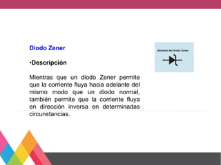 Diodo Zener
•Descripción
Mientras que un diodo Zener permite
que la corriente fluya hacia adelante del
mismo modo que un diodo normal,
también permite que la corriente fluya
en dirección inversa en determinadas
circunstancias.
 