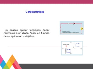 Características
•Es posible aplicar tensiones Zener
diferentes a un diodo Zener en función
de su aplicación u objetivo.
 