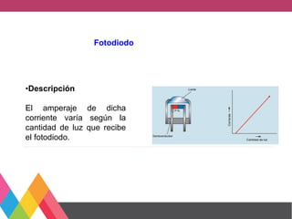 Fotodiodo
•Descripción
El amperaje de dicha
corriente varía según la
cantidad de luz que recibe
el fotodiodo.
 