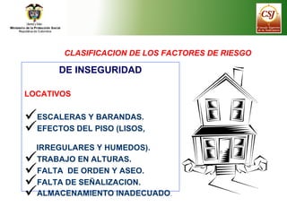 CLASIFICACION DE LOS FACTORES DE RIESGO
DE INSEGURIDAD
LOCATIVOS
ESCALERAS Y BARANDAS.
EFECTOS DEL PISO (LISOS,
IRREGULA...