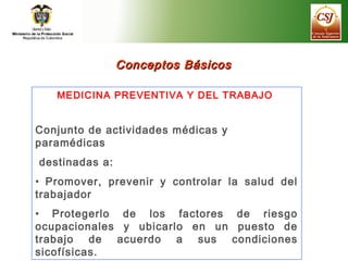 MEDICINA PREVENTIVA Y DEL TRABAJO
Conjunto de actividades médicas y
paramédicas
destinadas a:
• Promover, prevenir y contr...