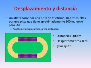 Desplazamiento y distancia
• Un atleta corre por una pista de atletismo. Da tres vueltas
  por una pista que tiene aproximadamente 100 m, luego
  para. An
   – ¿cuál es el desplazamiento y la distancia?

                                         • Distancia= 300 m
                                         • Desplazamiento= 0 m
                                         • ¿Por qué?
 