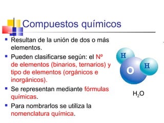 Compuestos químicos








Resultan de la unión de dos o más
elementos.
Pueden clasificarse según: el Nº
de elementos (binarios, ternarios) y
tipo de elementos (orgánicos e
inorgánicos).
Se representan mediante fórmulas
químicas.
Para nombrarlos se utiliza la
nomenclatura química.

H2O

 