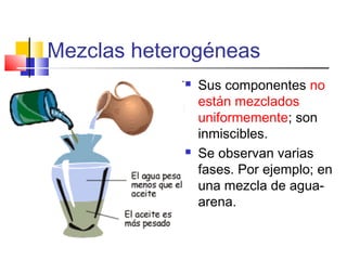 Mezclas heterogéneas




Sus componentes no
están mezclados
uniformemente; son
inmiscibles.
Se observan varias
fases. Por ejemplo; en
una mezcla de aguaarena.

 