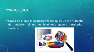 CONFIABILIDAD
• Grado en el que la aplicación repetida de un instrumento
de medición al mismo fenómeno genera resultados
similares